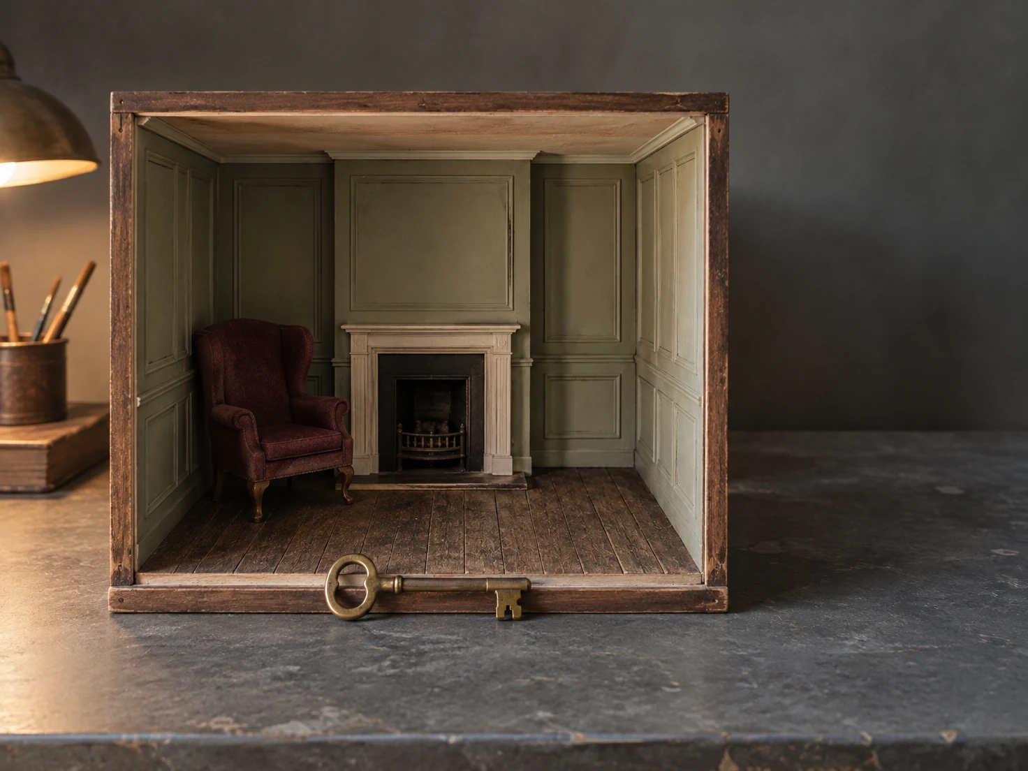 A handmade open-front miniature parlour sits on a slate-grey worktable, with sage panelled walls, a cream fireplace, a burgundy wingback chair and a large…