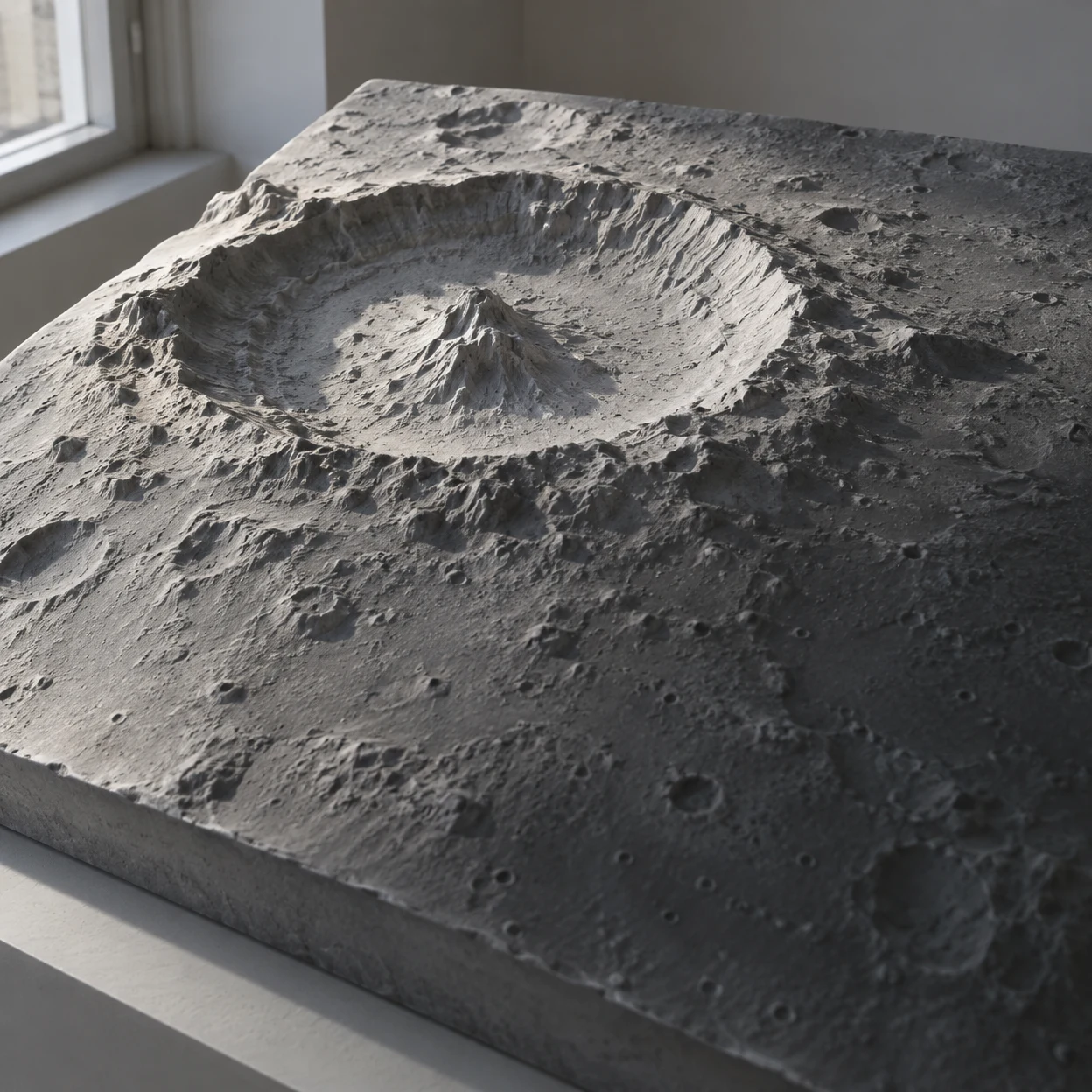 A close oblique view of a grey lunar-relief model on a pale ledge, showing a large terraced crater and central peak.
