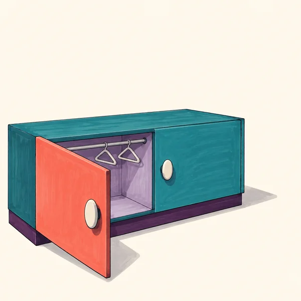 A low, wide teal wardrobe with a coral door open in the foreground, a closed teal door, a lavender interior with two empty hangers, and a plum base, on a warm…