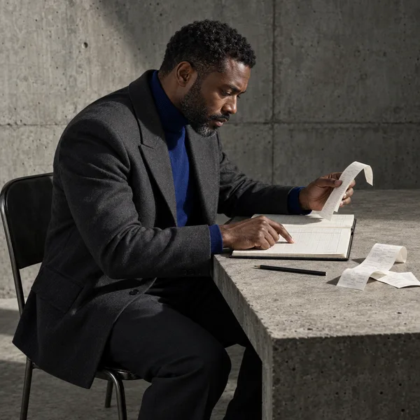 A dark-skinned man in a charcoal jacket and cobalt high-neck sweater sits at a concrete desk, holding a curled receipt while pointing to a row in an open grid…