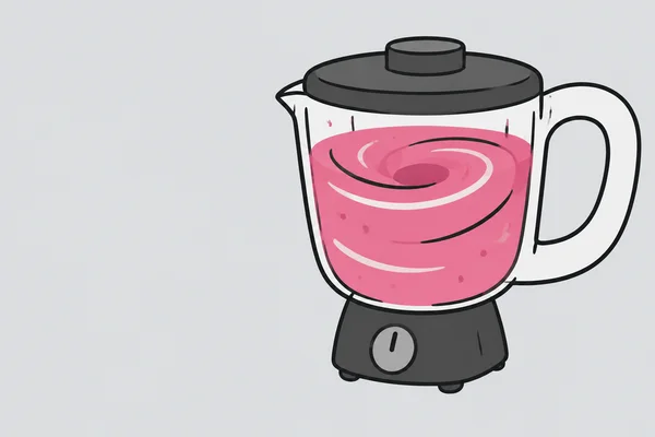 A charcoal-and-white blender with an oversized loop handle sits on the right against a pale gray background, its jug filled with pink liquid drawn in swirling…