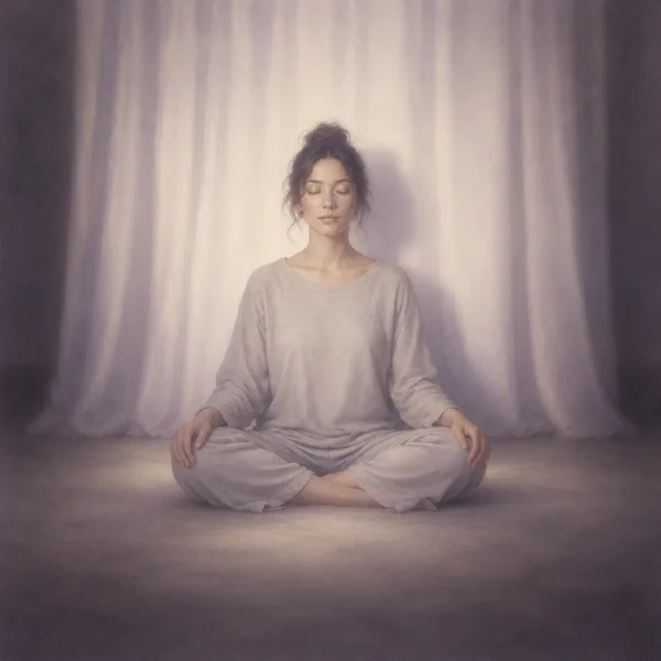 A woman in loose pale clothing sits cross-legged with her eyes closed and hands resting on her knees, centered before softly lit white curtains in a muted…