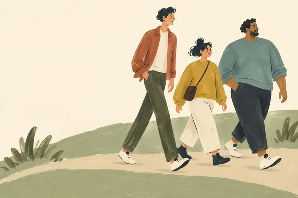 A stylized acrylic illustration of three people walking to the right along a pale curved path, with sage-green ground and sparse plants.