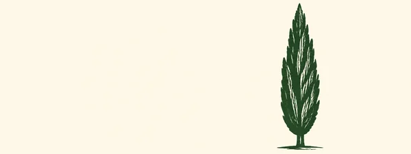 A dark forest-green, hand-carved-style cypress stands on a short horizontal stroke against a warm ivory background, with broad empty space to its left.