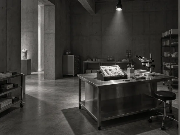 A monochrome conservation lab with a pale carved stone relief on a foam cradle atop a stainless-steel bench, alongside a microscope, brush and instrument trays.