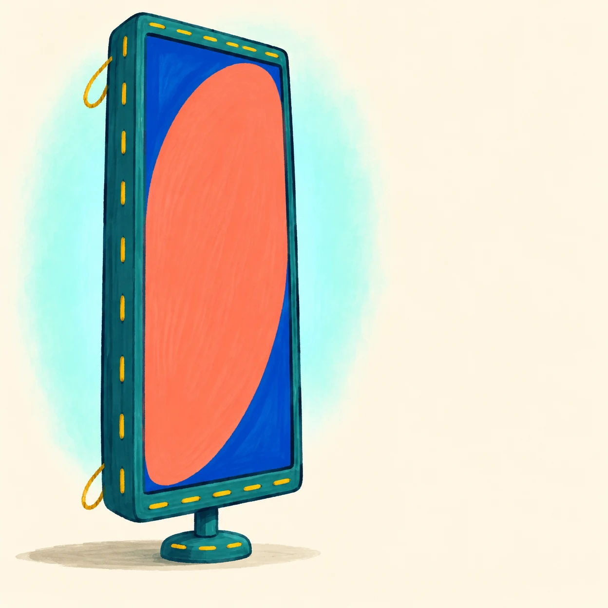 A tall teal freestanding screen with yellow stitched-looking dashes stands on a short stem and rounded foot against an ivory background.