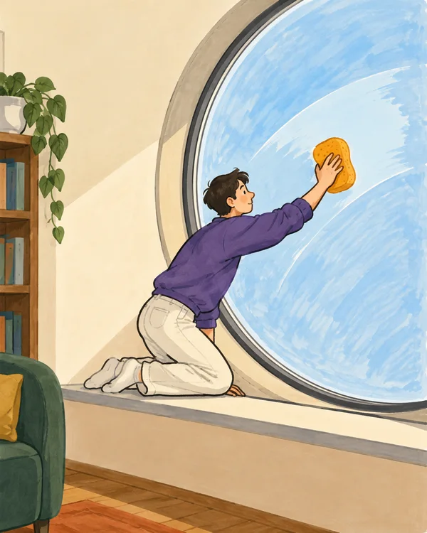 A short-haired person in a violet sweatshirt and cream trousers kneels on a wide window sill, pressing an orange sponge against a large round blue window.