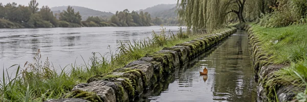 A narrow stone-lined channel runs beside a broad grey river, bordered by wet grass and mossy stones; a curled brown leaf floats upright in the channel, with…