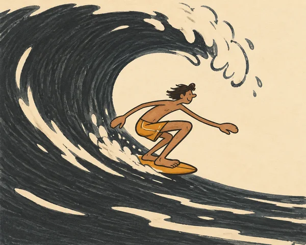 A lanky surfer in amber shorts crouches on a short amber surfboard, riding rightward beneath a large charcoal curling wave with cream foam against a warm…
