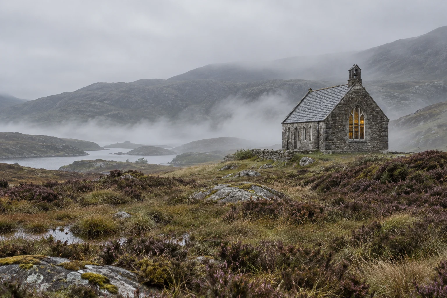 A small weathered stone building with a slate roof, bell tower and glowing arched window stands on a misty moor above a quiet loch, surrounded by wet heather…