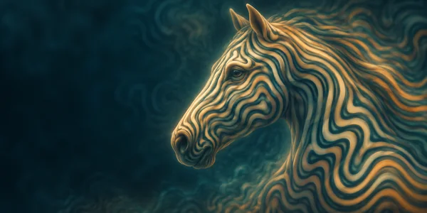 A left-facing horse head and upper neck formed from raised ivory and amber labyrinthine bands against a deep teal background, with dark open space on the left.