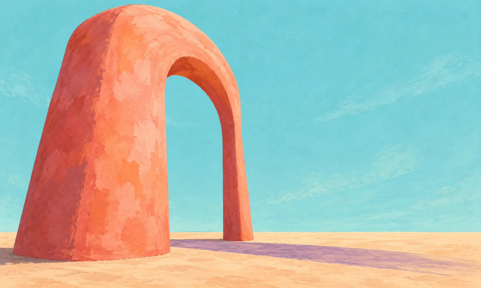 A large coral-colored masonry arch stands on flat sandy ground beneath a turquoise sky, with a lavender shadow stretching to the right.