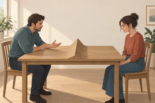 A dark-haired man in a muted teal shirt gestures palm-up across a wooden kitchen table toward a woman in a terracotta sweater, who sits with her hands together…