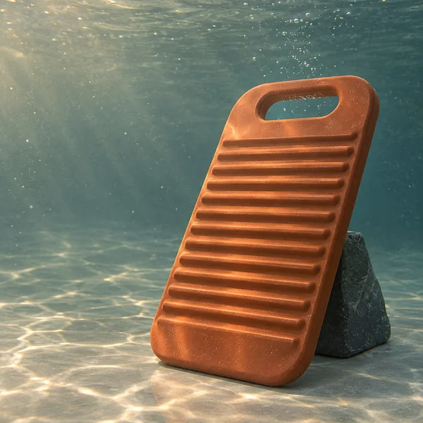 A terracotta-colored ribbed washboard with an oval grip opening leans against a dark grey wedge on a pale floor underwater, with bubbles and rippling light…