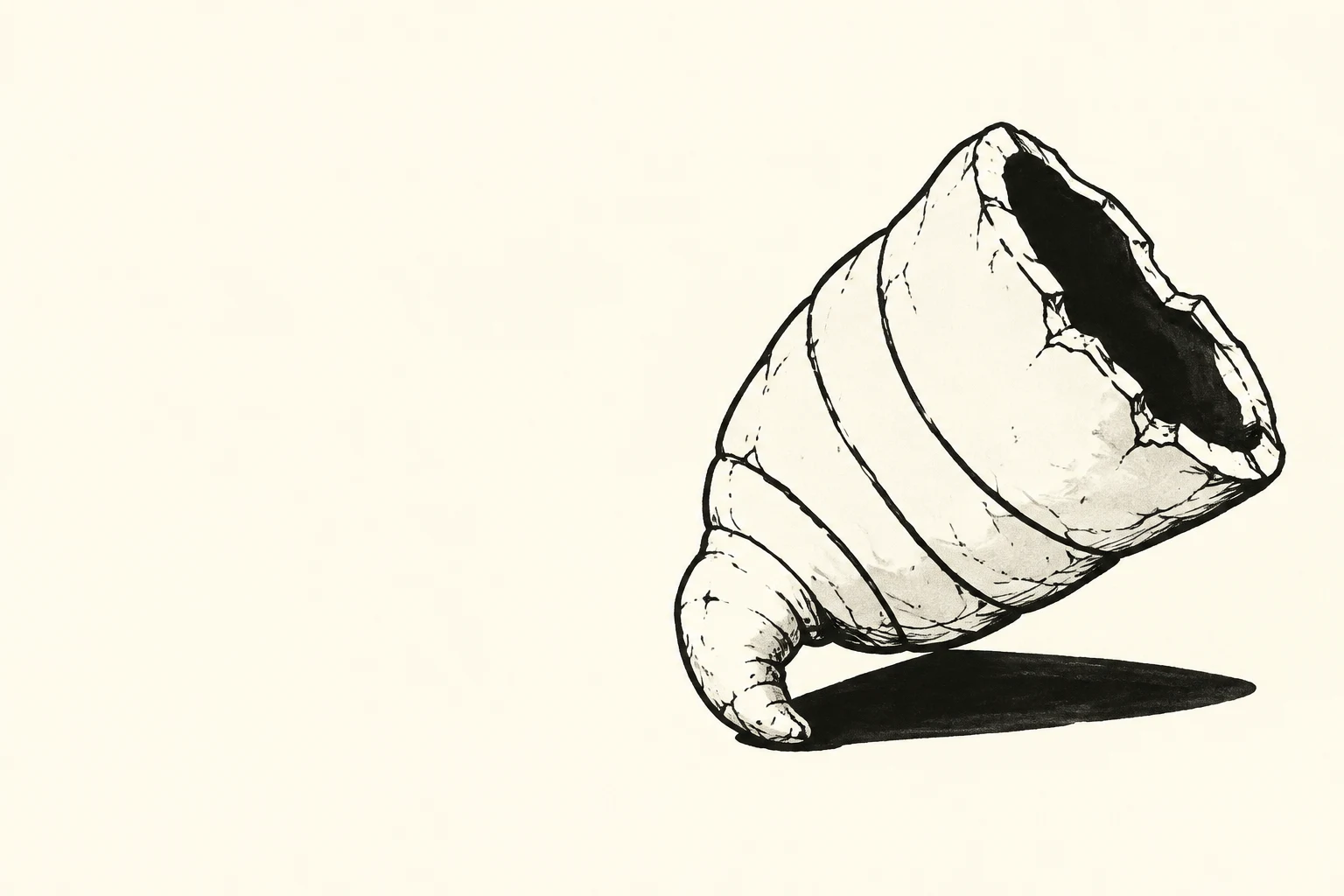 A large, flared horn-coral fossil lies diagonally on its side against a warm ivory background, with a dark cup interior, curled tip, and elongated black…