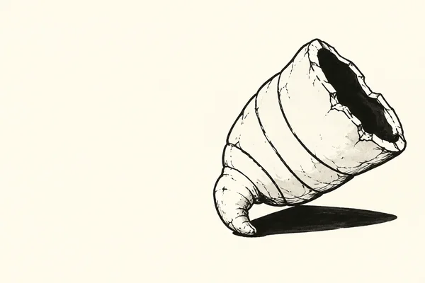 A large, flared horn-coral fossil lies diagonally on its side against a warm ivory background, with a dark cup interior, curled tip, and elongated black…