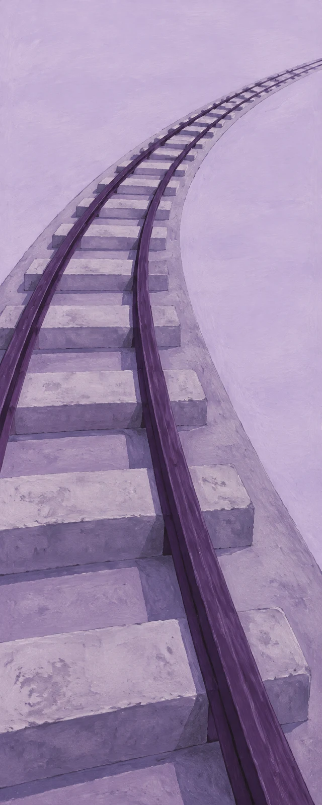 A pair of deep-purple rails on broad concrete sleepers curves from the lower-left foreground toward the upper-right distance across pale lavender ground…