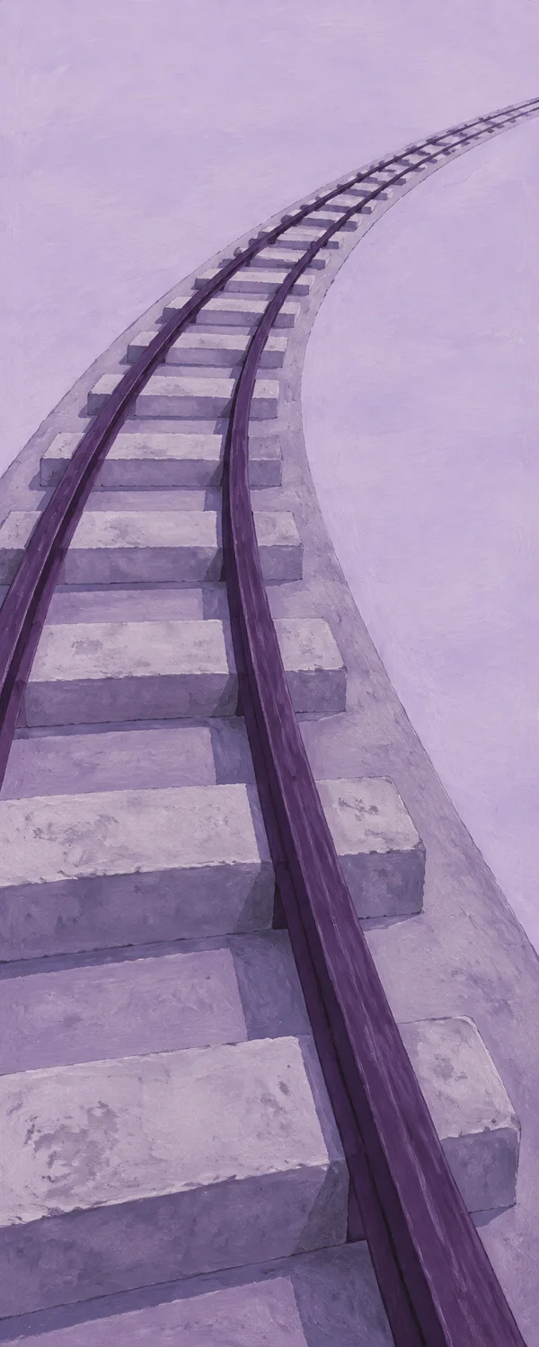 A pair of deep-purple rails on broad concrete sleepers curves from the lower-left foreground toward the upper-right distance across pale lavender ground…