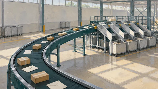 A dark teal conveyor curves through a sunlit postal sorting hall toward a bank of metal chutes, with kraft parcels and cream envelopes on the belt and…