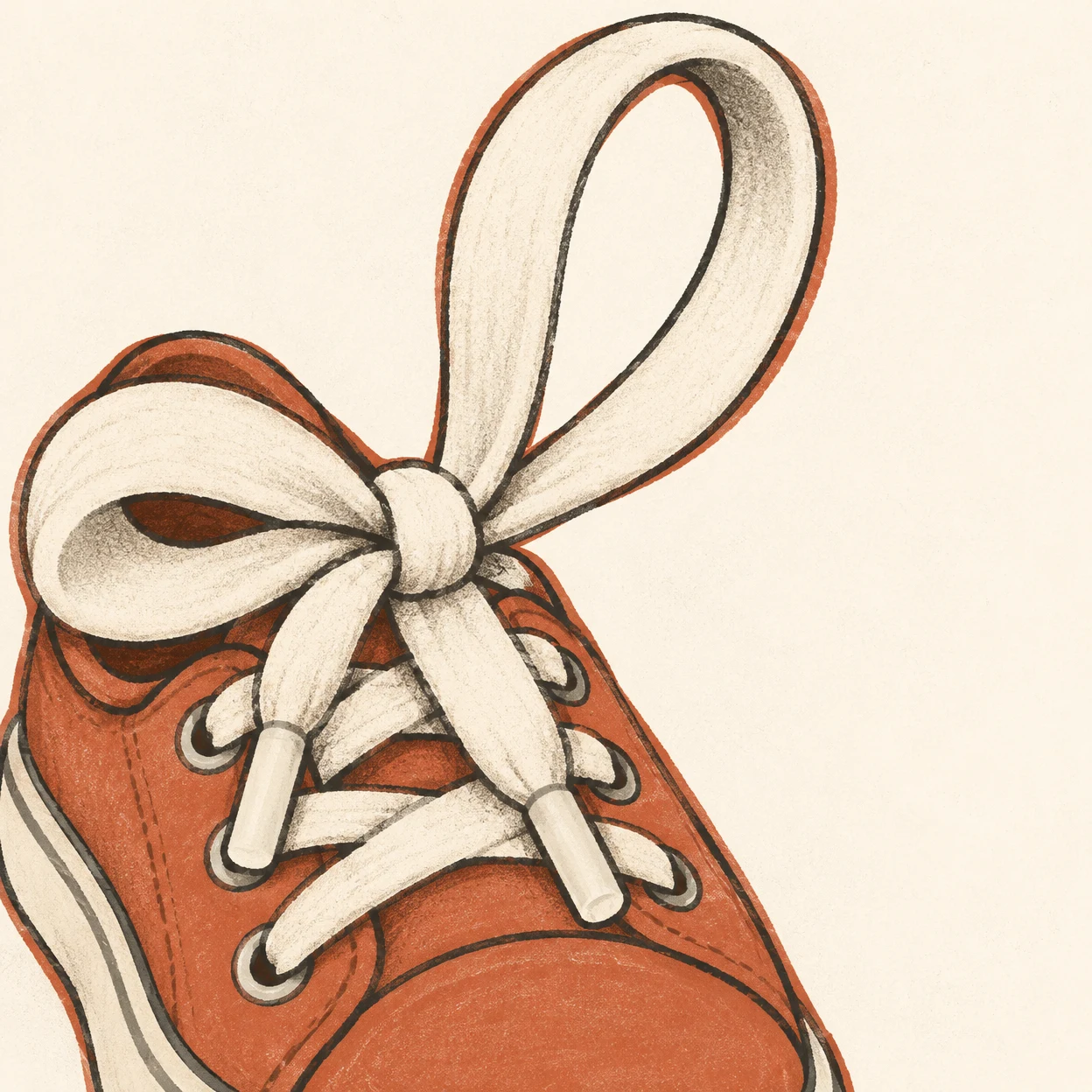 A terracotta sneaker enters diagonally from the lower left beneath an oversized cream shoelace bow, with one tall loop and a broad sideways loop.
