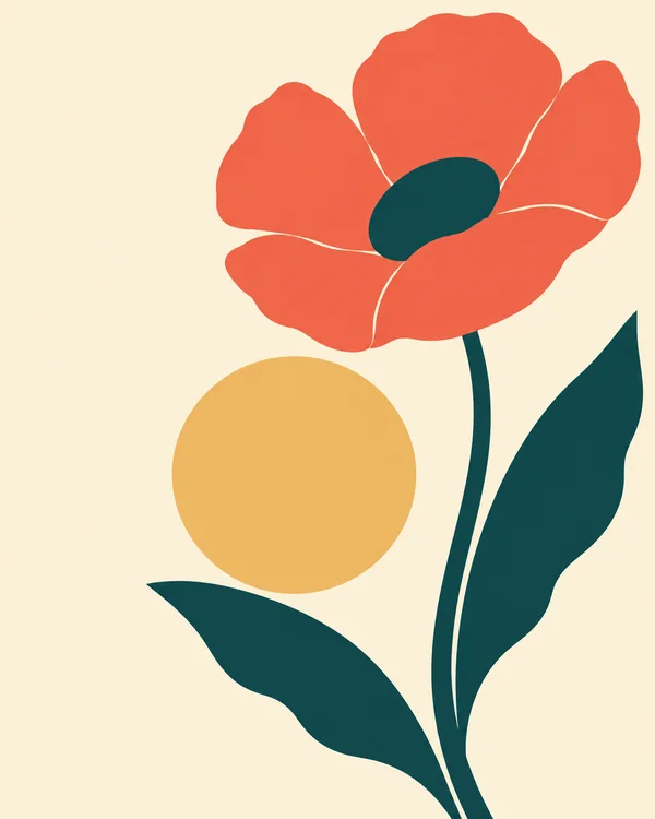 A large coral-red poppy with five overlapping petals and a dark-teal oval centre rises on a curved stem with two broad leaves.