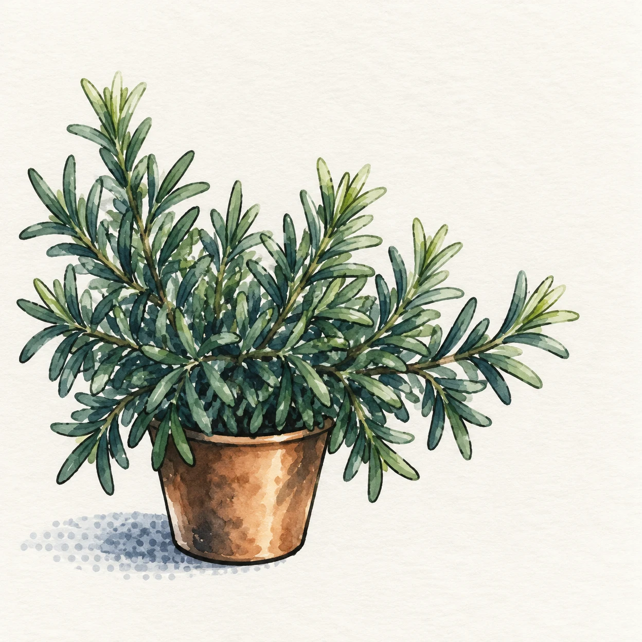 A dense, broad rosemary-like plant with dark green and blue-green leaves grows from a small tapered bronze-brown pot on textured ivory paper, with a dotted…