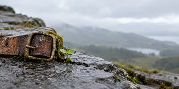 A heavily weathered reddish-brown strap with a tarnished brass buckle lies on a wet, mossy slate ledge beside a small green seedling; a misty hillside and pale…