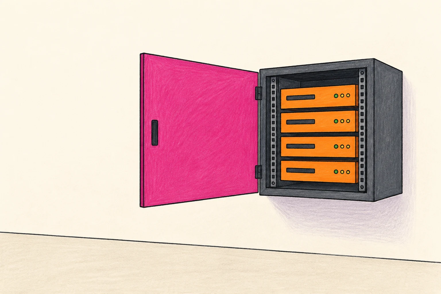 A compact dark gray wall-mounted server rack is shown open at a front three-quarter angle, with a large fuchsia door swung to the left and four orange server…