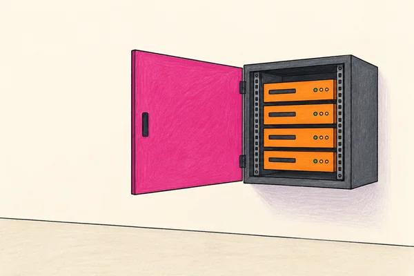 A compact dark gray wall-mounted server rack is shown open at a front three-quarter angle, with a large fuchsia door swung to the left and four orange server…
