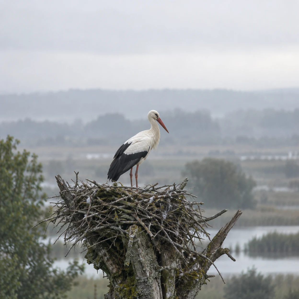A white stork with black flight feathers and a red bill stands on a broad, tangled nest of lichen-covered branches atop a broken tree trunk, with a misty…