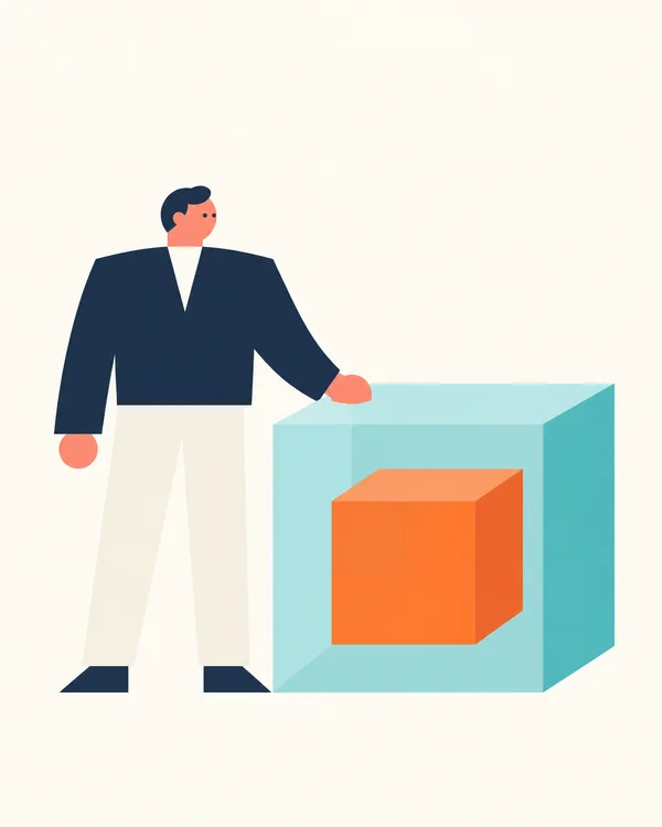 A simplified figure in a broad navy jacket and ivory trousers rests one coral-colored hand on a large aqua geometric block containing an orange shape, against…