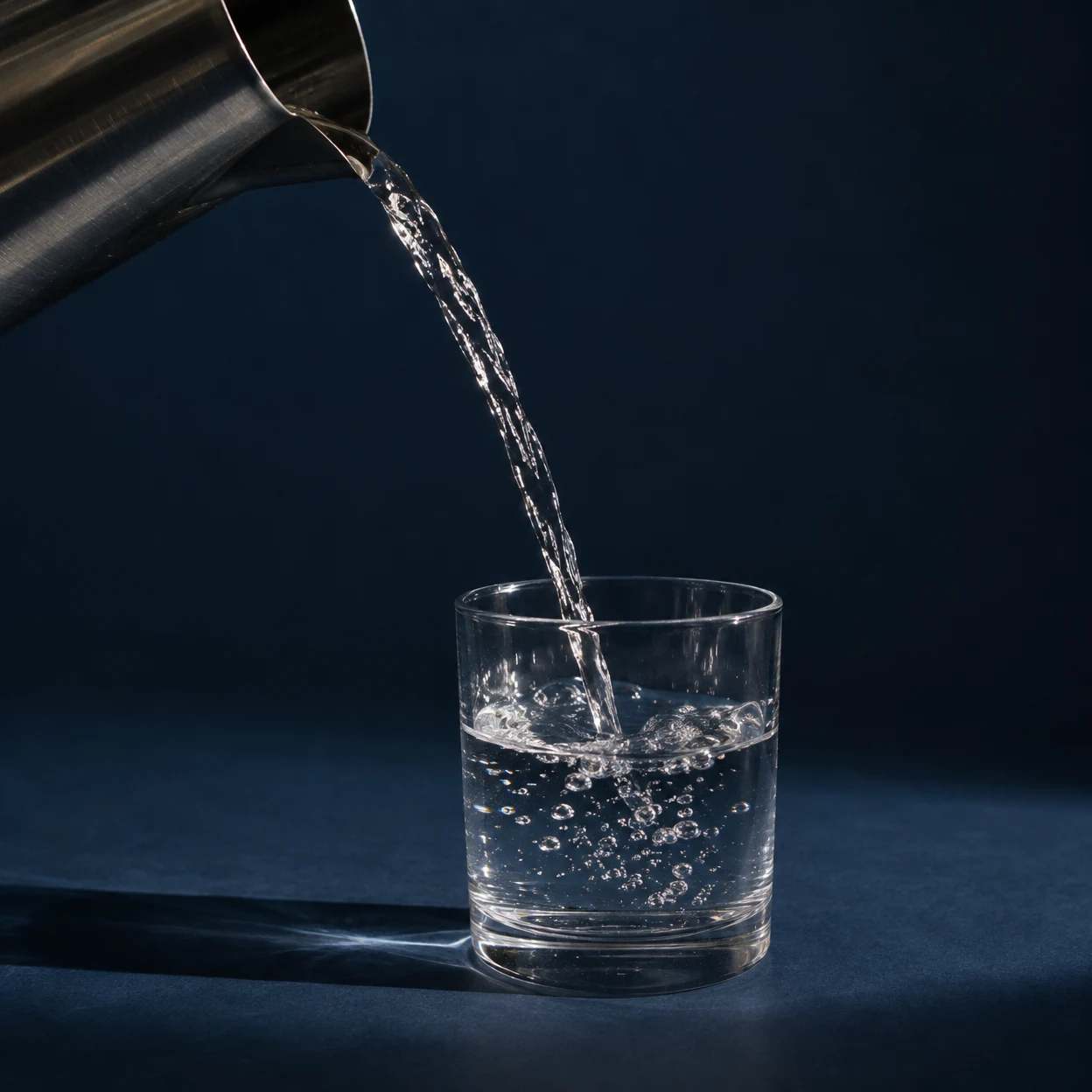A stainless-steel pitcher pours a bright stream of water into a clear tumbler on a dark blue surface, with bubbles in the glass and a long shadow extending to…