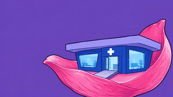 A small cobalt community clinic with a broad lilac canopy, white medical cross, two large windows and an open entrance sits in a sweeping pink flower petal…