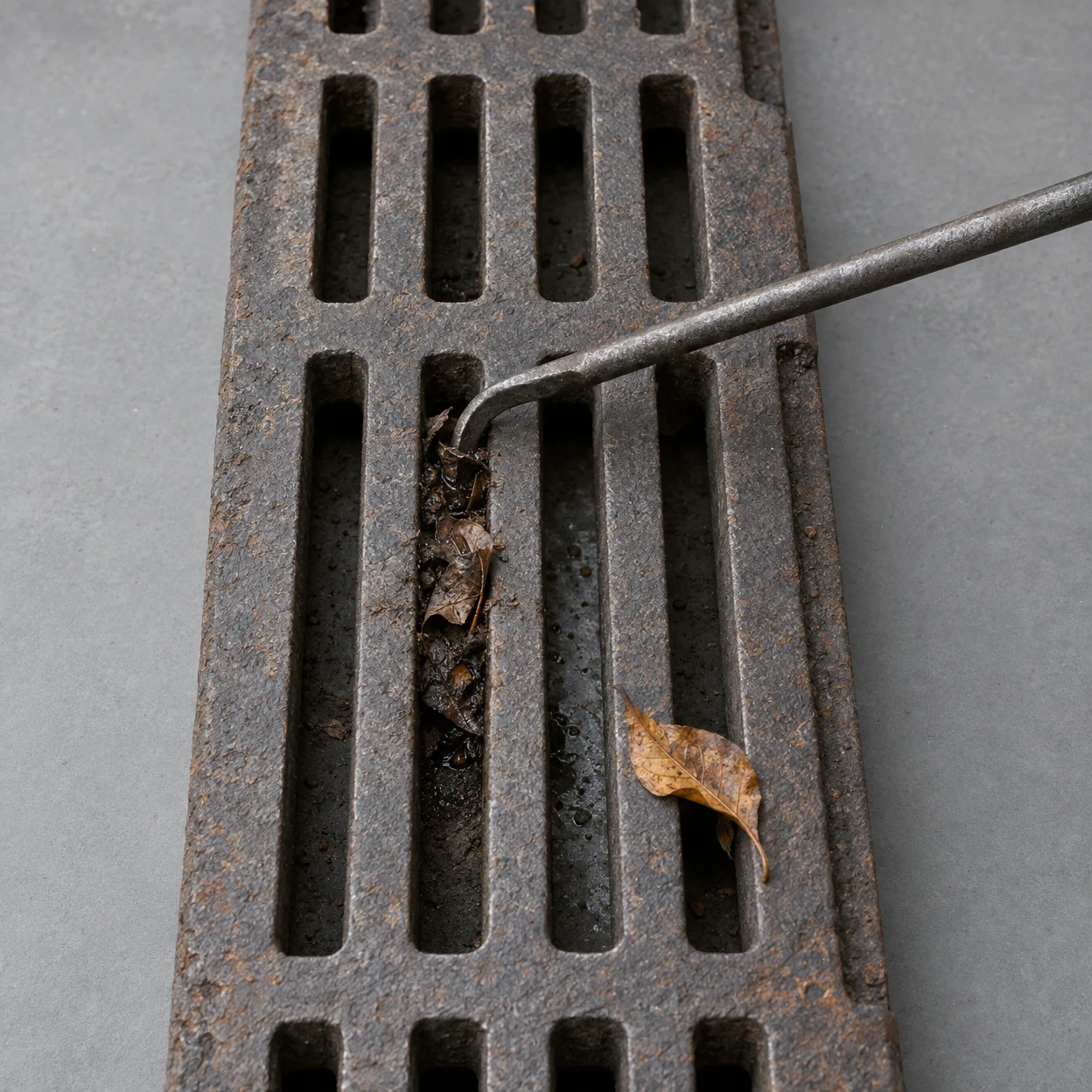 A weathered cast-iron storm-drain grate lies vertically on a cool-gray surface, with damp leaves and silt packed into one slot; a steel hook reaches in from…