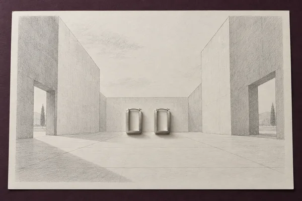 An ivory drawing sheet lies on a dark plum surface, showing a graphite perspective of an open courtyard with tall wall planes and small trees visible through…