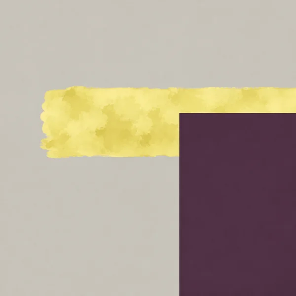 A mottled pale-citron horizontal painted bar crosses a warm pale-grey field, partly covered by a large aubergine rectangle rising from the lower-right edge.
