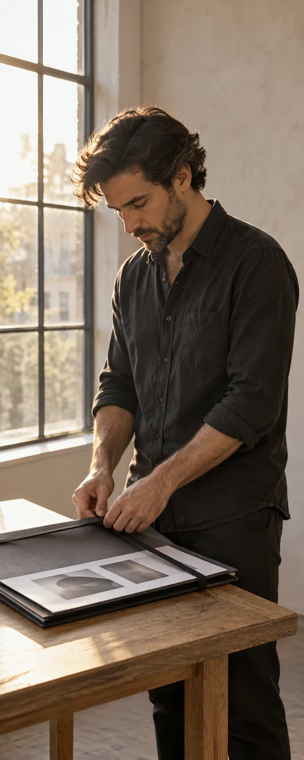 A dark-haired man in a charcoal shirt looks down as he secures a black elastic strap around an open portfolio on an oak table beside a tall studio window.