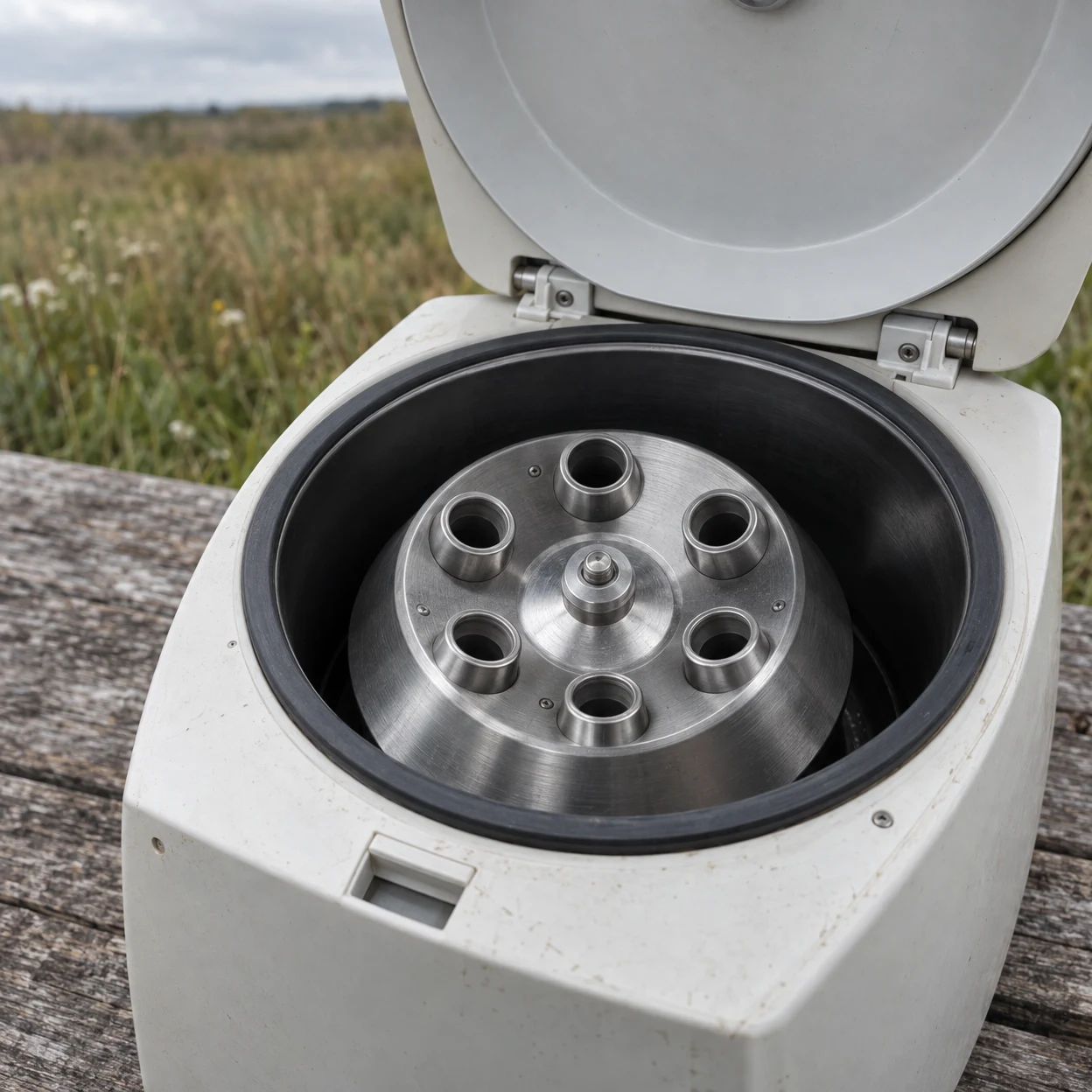 An open off-white portable centrifuge sits on a weathered wooden table outdoors, showing an empty six-position metal rotor against a blurred meadow.