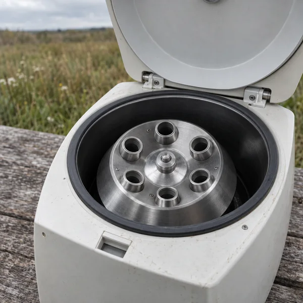 An open off-white portable centrifuge sits on a weathered wooden table outdoors, showing an empty six-position metal rotor against a blurred meadow.