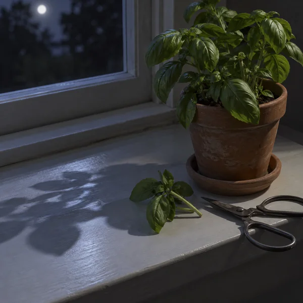 A basil plant in a weathered terracotta pot sits on a painted windowsill at night, with a clipped sprig and metal pruning scissors beside it.
