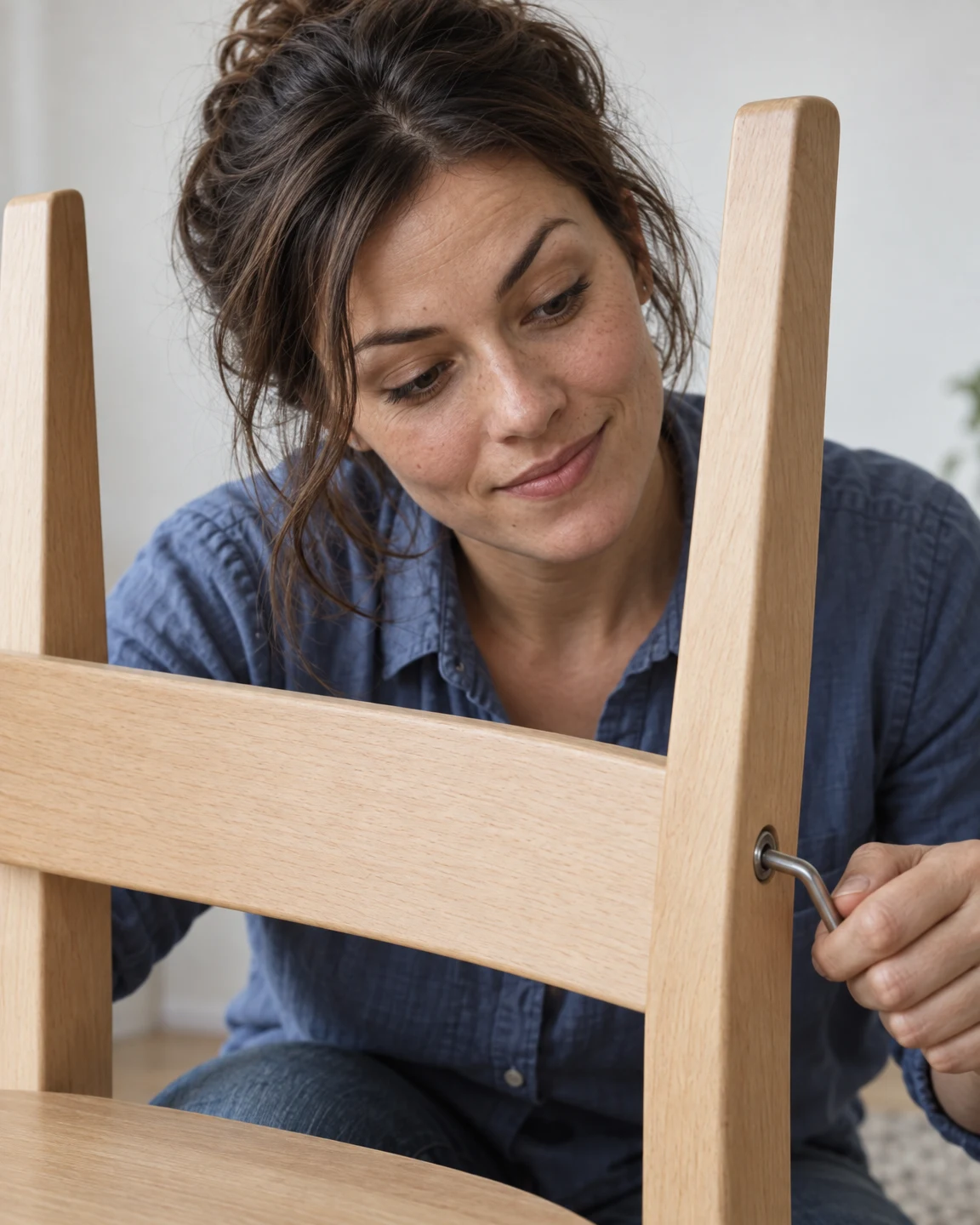 An adult with loosely tied dark hair leans behind a pale wooden chair, looking down at the backrest joint while turning a hex key with one hand.