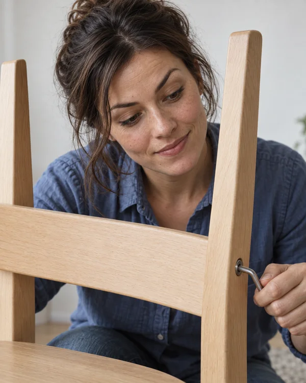 An adult with loosely tied dark hair leans behind a pale wooden chair, looking down at the backrest joint while turning a hex key with one hand.