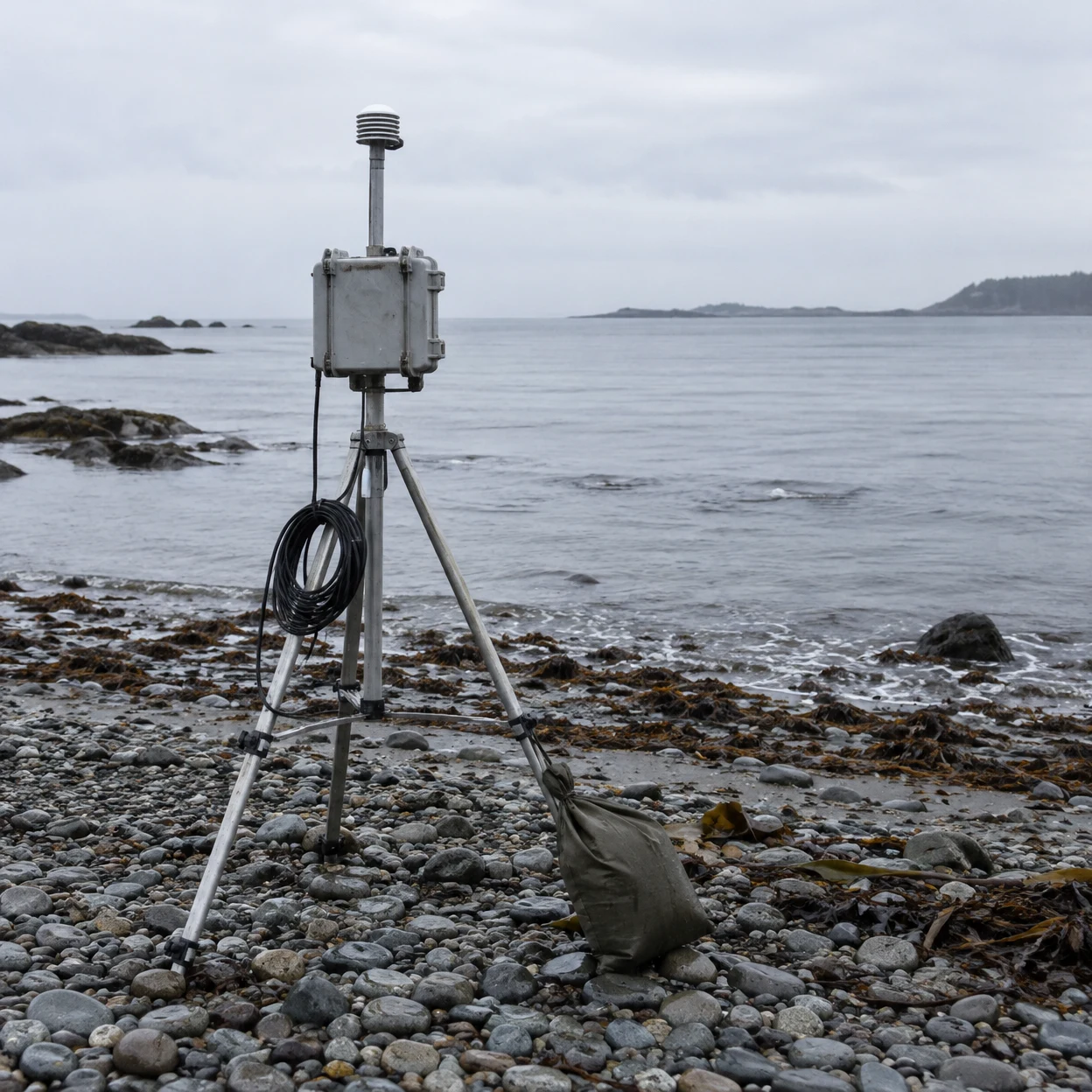 A weathered metal tripod with a grey field instrument box and short mast stands on a pebble beach beside a calm sea; a coiled black cable hangs from the rig…