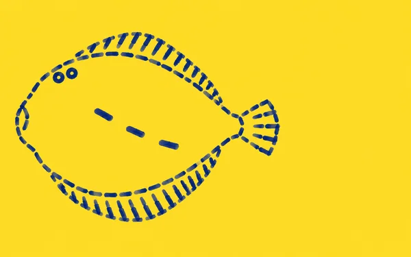 A large flatfish outlined in chunky indigo stitch-like marks sits on a sunflower-yellow background, with its small fan-shaped tail to the right and two eyes…