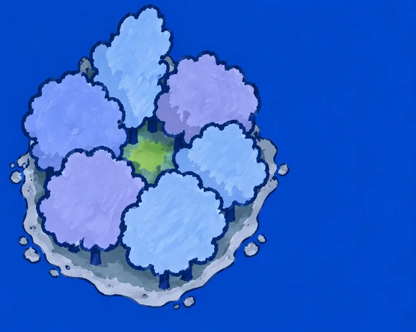 A small island seen from above sits left of center in cobalt-blue water, with six overlapping pale blue and lavender tree crowns around a green clearing and a…