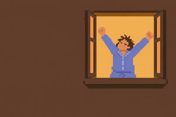 A pixel-style illustration shows a person in periwinkle pajamas stretching with both arms raised inside a wide open window set in a cocoa-brown wall.
