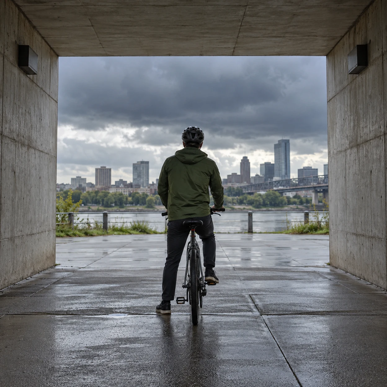 A helmeted cyclist in a muted green jacket pauses astride a bicycle beneath a concrete underpass, facing a wet pavement, river, and city skyline beneath dark…