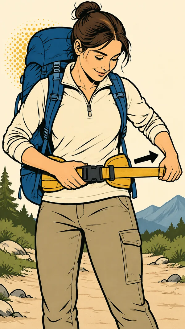 A woman wearing a cobalt-blue backpack tightens a golden-yellow hip belt, holding the central buckle with one hand and pulling the strap outward with the other…