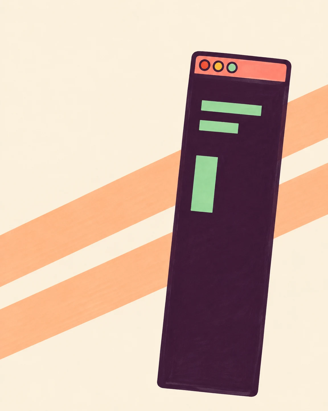 A tall, narrow dark-plum software terminal window leans across the right side of a warm cream background.