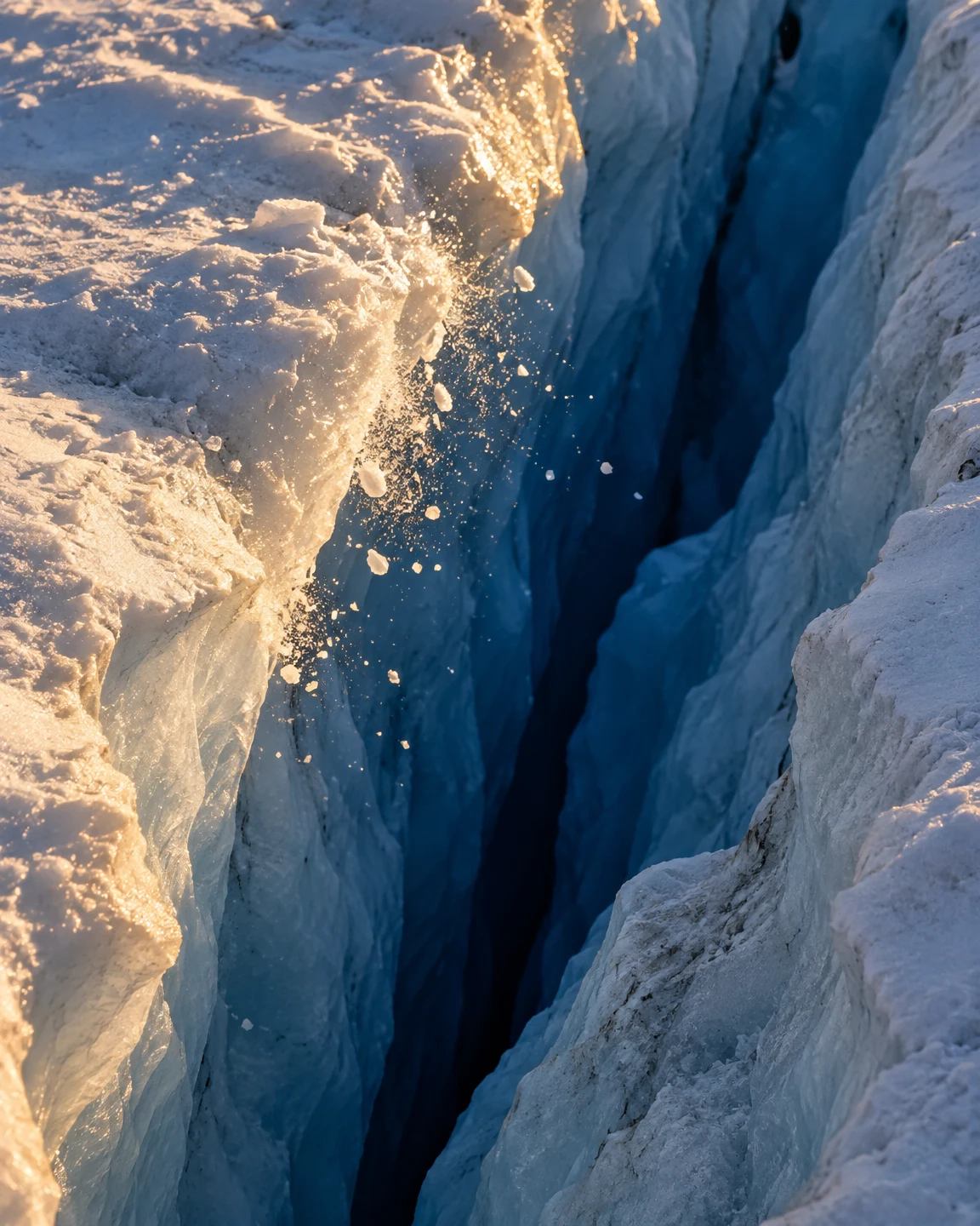 A close, elevated view into a deep cobalt-blue glacier crevasse, bordered by rough pale ice walls.
